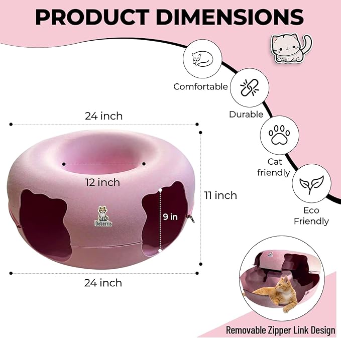 Peekaboo Cat Tunnel Bed-Large, Scratch-Resistant Donut Cave for Indoor Cats Up to 30-45 lbs, Detachable & Washable Design, Perfect Cozy Play & Rest Spot for Cats and Small Dogs (Pink, Large)