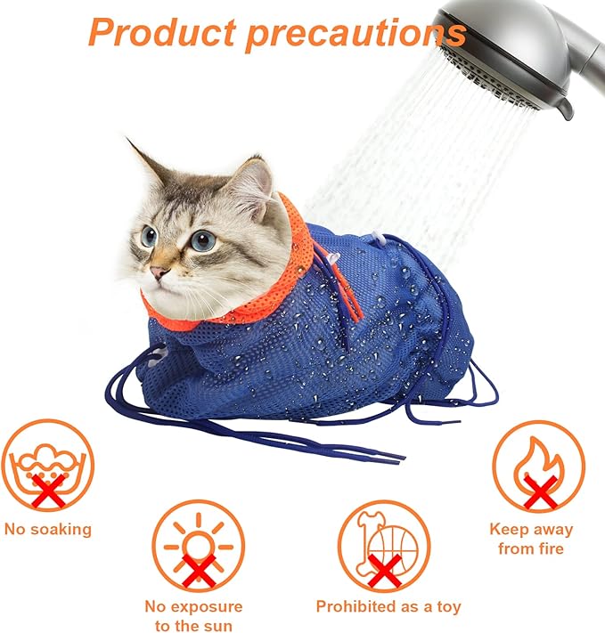 Cat Bathing Bag, Breathable Mesh Anti Scratch Adjustable Cat Grooming Bag for Nail Trimming, Bathing Polyester Soft Cat Washing Bag (Blue-Orange)