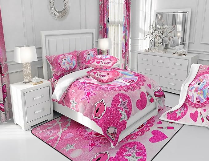 Cartoon Unicorn Kids Comforter Set Full Size,Bowknot High-heeled Shoes Lip Romantic Bedding Set,Girls Women Room Decor,Stars Sparkling Princess Down Comforter,Pink Cute Duvet Insert,2 Pillowcases