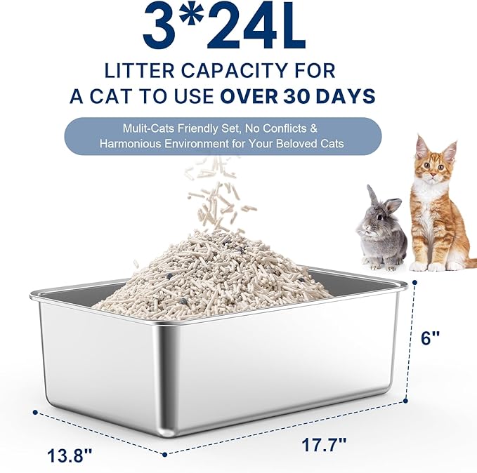3PK 17.7" x 13.8" x 6" Stainless Steel Litter Box, High Sides Metal Cat Litter Box for Multi-Cats, Easy Clean & Odor Control Kitten Litter Box with Footboard, Bunny Litter Box Litter Pan
