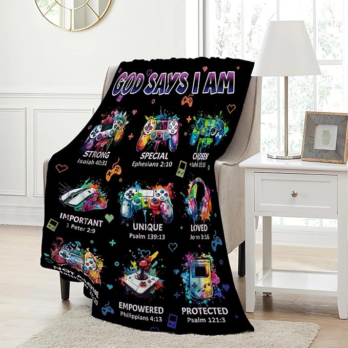 CIUGOIG Christian Gifts for Men Boys, God Says I Am Gamer Blanket 50"x60", Inspirational Religious Birthday Gifts for Game Lover Bible Verse Blanket, Gaming Gifts for Gamer, Christian Game Gifts