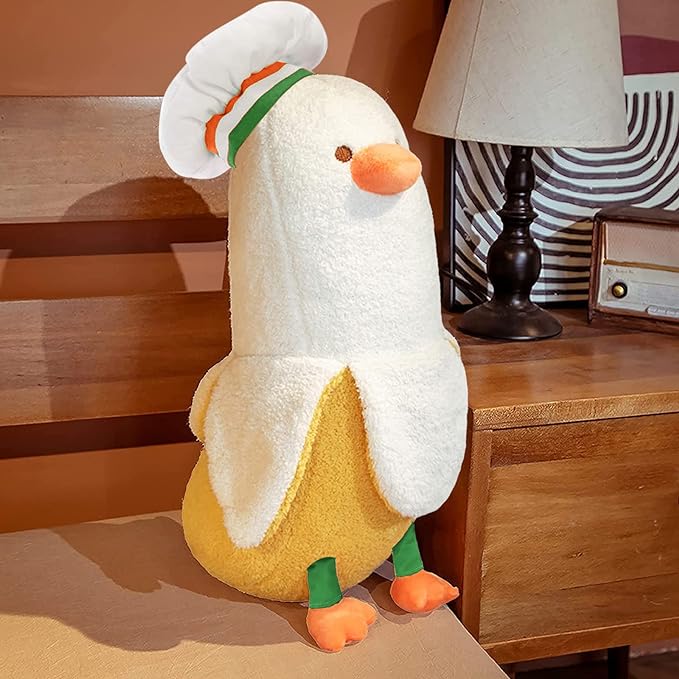 PEACH CAT Cute Banana Duck Stuffed Animal Long Banana Chef Duck Plush Pillow for Girls and Boys White 12"