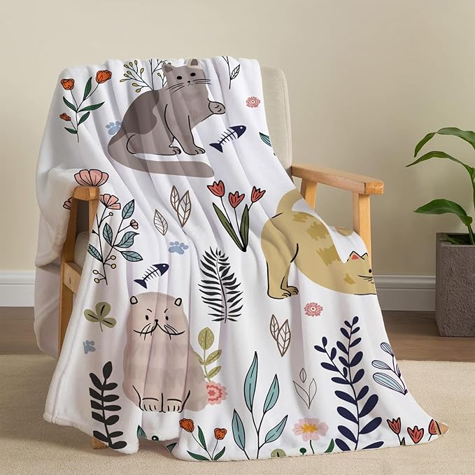 Cat Throw Blanket Floral Flower Throw Blankets Gift for Cat Lover Throw Blanket Cats Themed Flannel Cozy Fuzzy Plush Throw Blankets for Bed Chair Couch 50" X 60"