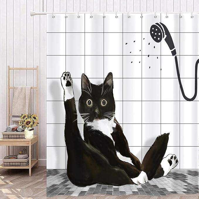 Black Cat Shower Curtain, Funny Kitty Cute Animal Plaid Machine Washable Waterproof Durable Fabric for Bathroom Decor Bathtub with 12 Hooks 72x72