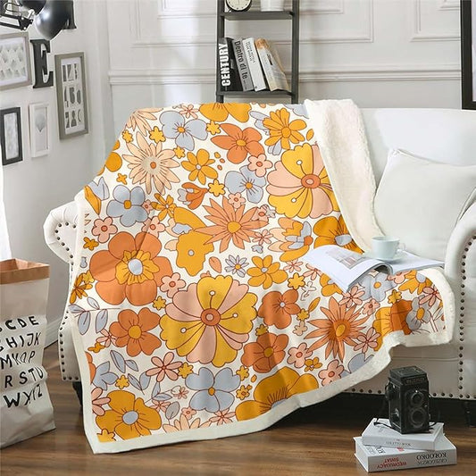 Erosebridal Hippie Flower Fleece Sherpa Blanket - Groovy Rainbow Floral Baby Size for Girls Women Bedroom Decor Retro 70s Theme Throw Blanket