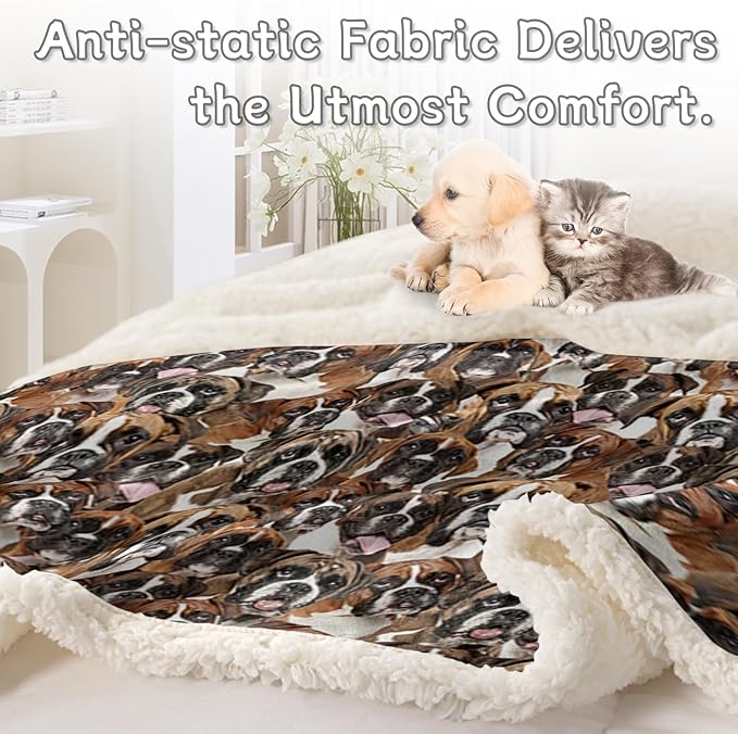 BlessLiving Boxer Blankets Super Soft Fuzzy Dogs Blanket for Kids Adults Cute Puppy Fleece Blanket Reversible Animal Brown Sherpa Throw Thick Lightweight Cozy Plush Blankets (White Boxer,Twin,60"x80")