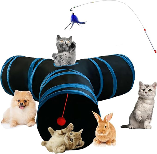 Cat Tunnel Tube Toys, Black Tunnels for Indoor Cats, 3 Way Collapsible Interactive Toy Maze House with Peek Holes Dangling Ball for Rabbit, Kitten, Kitty, Puppy with Wand Toy