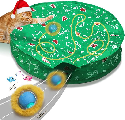 Interactive Cat Toys Ball Fast Rolling in Christmas Pocket, Motion Activate Chirping Cat Toy Hide and Seek Mouse Catching Game (Christmas Party)