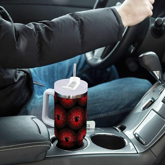 Boccsty Black Red Spider's Web Insulated Tumblers Reusable Stainless Steel Tumbler 40 oz Cup Coffee Travel Mug Water Bottle with Handle & Flip Straw for Home Office Car