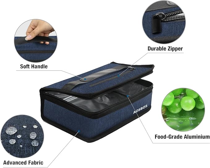 Aosbos Small Lunch Bag, Blue, Unisex, Portable Mini Cooler, Insulated Thermal Bag for Men and Women