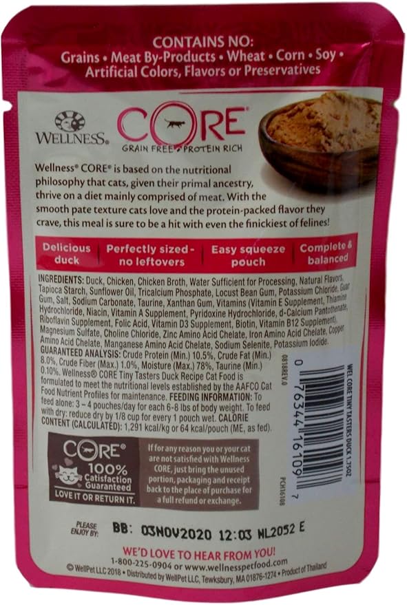 Wellness CORE Tiny Tasters Grain Free Cat Food 4 Flavor 8 Pouch Plus Catnip Toy Sampler Bundle, (2) Each: Duck, Tuna, Chicken, Chicken Beef, (1.75 Ounces)