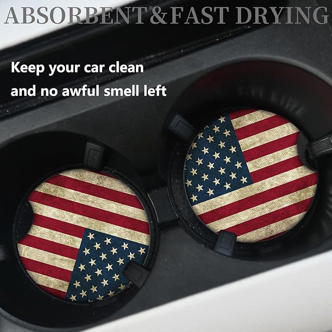 Car Coasters for Cup Holders，Car Cup Holder Coasters, 2 Pack Cup Holder Coasters for Car, Anti Slip Rubber Car Cup Mat with A Finger Notch, Cute Car Interior Accessories for Women 2.75" American Flag