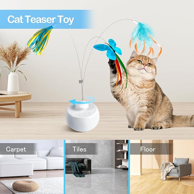Migipaws Cat Toys Interactive Butterfly Feather Mice Spin with Smart Rolling Ball for Indoor Kittens Self Play Automatic Sensing Kitty Teaser Wand 3 Refills