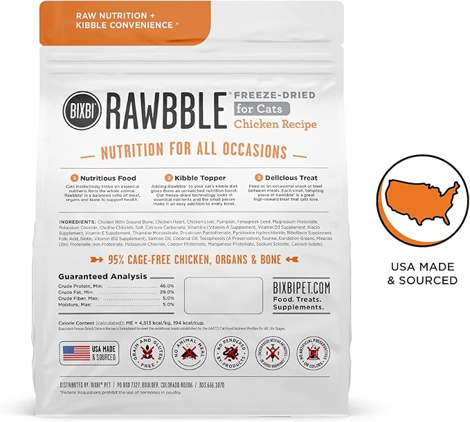 BIXBI Rawbble Freeze Dried Cat Food, Chicken Recipe, 3.5 oz - 95% Organs and Bone Raw Cat Food - USA Made