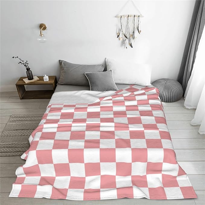 Rosy White Checkerboard Throw Blanket Soft Cozy Plush Warm Fleece Blanket for Sofa Couch Bed 60"X50"