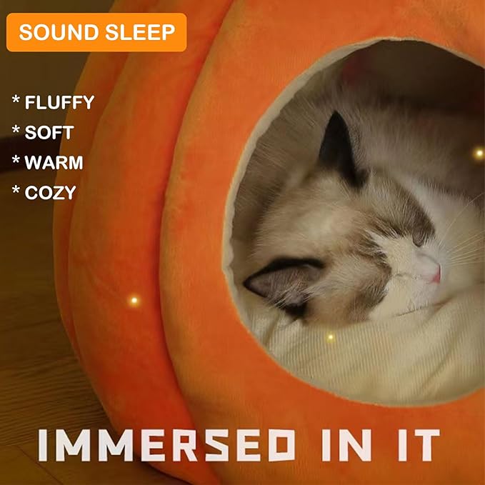 Cat Bed for Indoor Cats, Cute Pumpkin Style Cat Cave Bed Cat House Tent with Removable Cushion Soft Fluffy Pet Bed for Kitten Small Cat Rabbit Bunny (Orange)