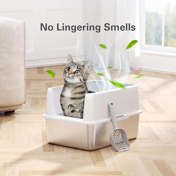 Barhon Stainless Steel Litter Box Small, Kitten Litter Box with High Sides 17" L x 13.3" W x 11.8" H, Metal Kitty Litter Box Easy to Clean, Non Sticky Bottom, Odor-Free, White