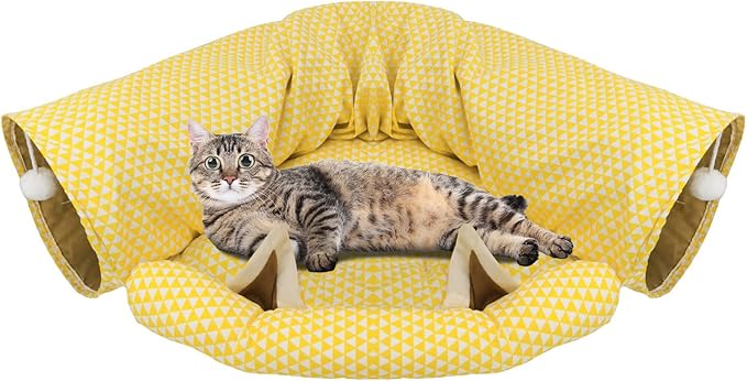 Andiker Cat Tunnels for Indoor Cats with Mat, 2 in 1 Collapsible&Zipper Detachable Soft Cat Bed with A Plush Ball Hideout Cat Interactive Toy Easy to Wash and Clean for All Seasons (Yellow, Moon)