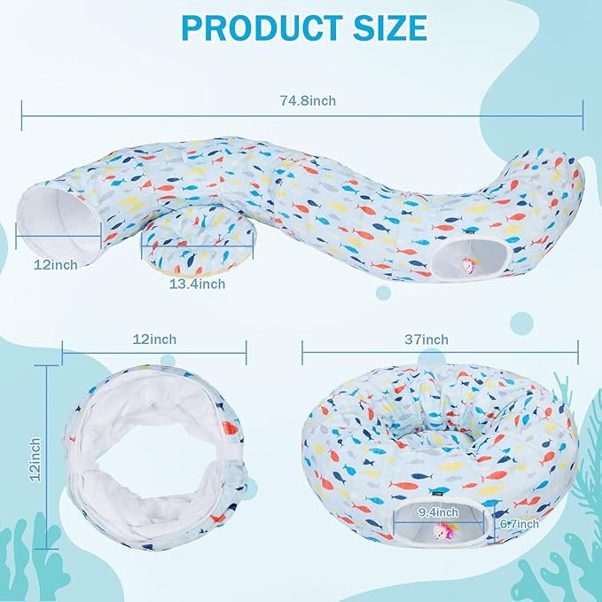 Ownpets Large Cat Tunnel Bed for Indoor Cats, Soft Plush Cat Donut Tunnel with Washable Cushion, Cute Peekaboo Cat Cave for Cat, Puppy, Rabbit, Blue