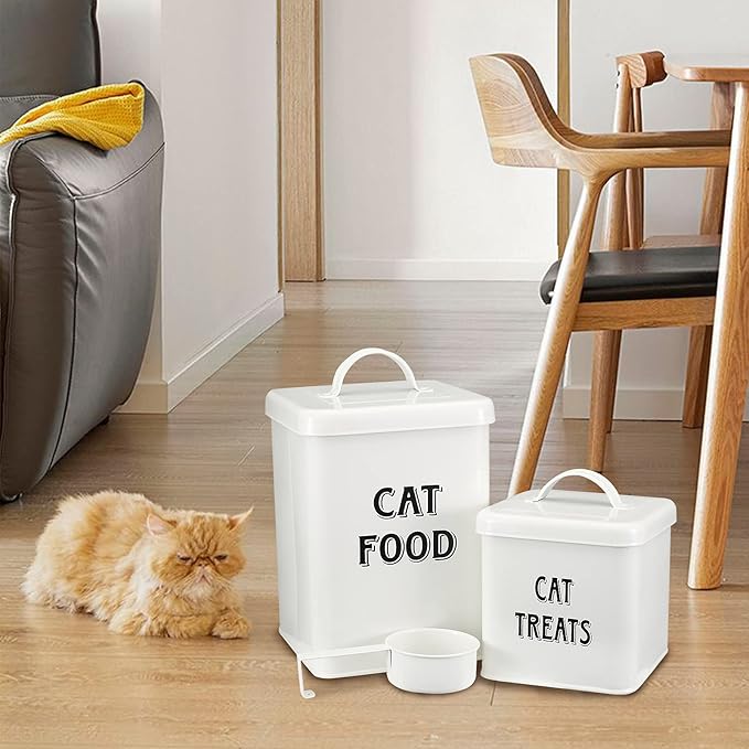 Pethiy Cat Food and Treats Containers Set with Scoop for Cats-Vintage Cream Powder-Coated Carbon Steel-Tight Fitting Lids-Storage Canister Tins-catfood-white