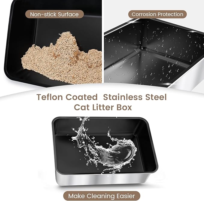 2 Pack 23.6"x16"x 8" Coated Extra Large Stainless Steel Litter Box, XL Metal Litter Box for Big & Multiple Cats, Non Stick Easy Cleaning Stainless Steel Cat Litter Pan Tray with Dual Filter Pedal