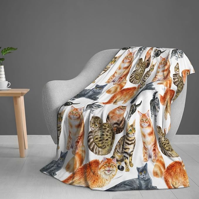 Cute Cats Print Blanket Throw 80"x60", Plush Flannel Blankets with Cat On It, Gifts for Kids Adults Cat Lovers People
