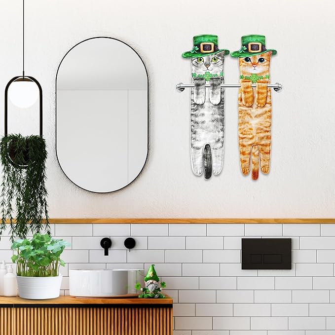 Funny St Patricks Day Cat Hand Towels for Bathroom Kitchen - Cute Green Shamrock Decorative Cat Decor Hanging Towels Super Absorbent Soft - Housewarming Birthday Gift for Women Cat Lovers - Grey