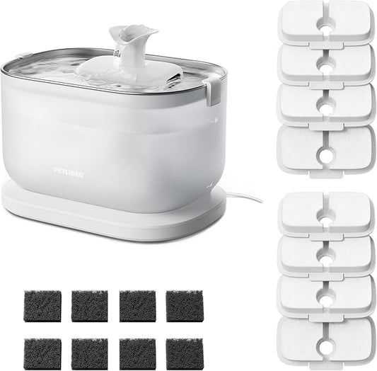 Bundle of PETLIBRO Cat Water Fountain Stainless Steel with Wireless Pump, 2.5L/84oz Dockstream Pet Water Fountain + PETLIBRO Replacement Filters, 4 Months Set of Replacement Filters 8 Count