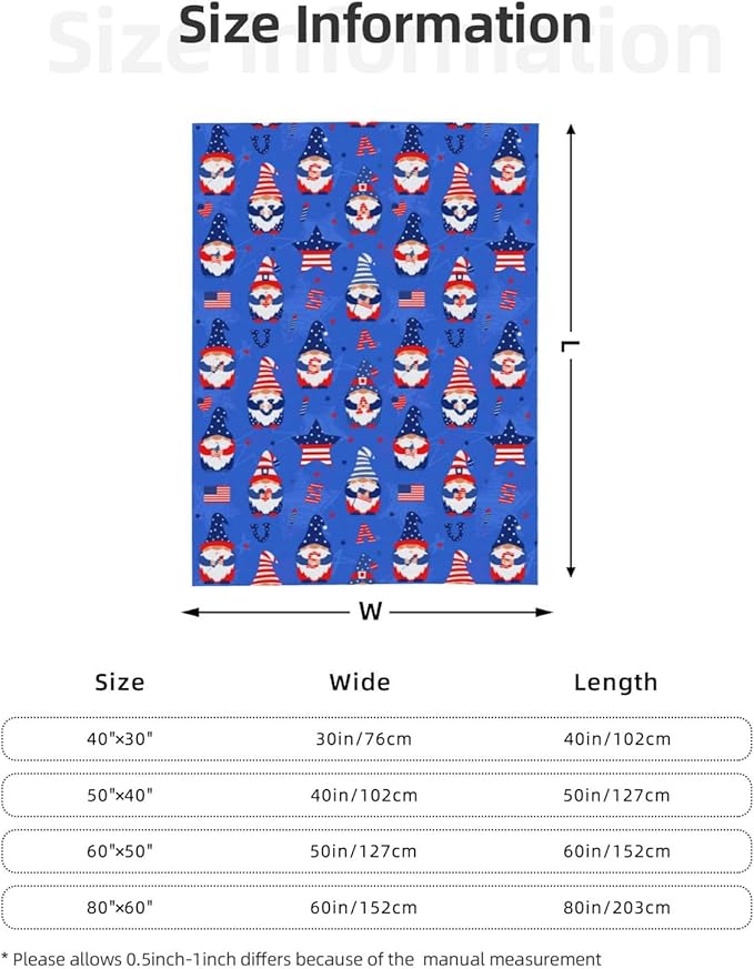American Gnome Patriotic Blanket Throw 50"x40", Plush Flannel 4th of July Memorial Day Blanket, Soft Warm Decorative for Kids Women