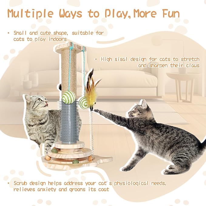 TONY HOBY Cat Scratching Post, Sisal Scratching Poles with 2 Hanging Balls, Cat Interactive Toy with Tickle Stick for Small Medium Cat (18 in, Beige)