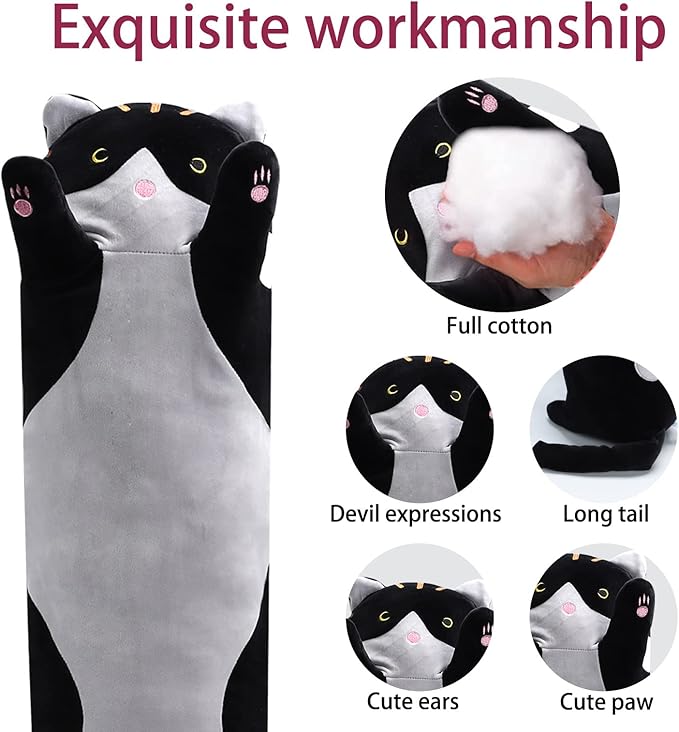 shangman Lovely Plush Cat Doll - Cute Cartoon Soft Stuffed Kitten Pillow, Long Throw Sleeping Pillow, Valentine’s Day Gift for Kids & Girlfriend (Black, 150cm/59in)