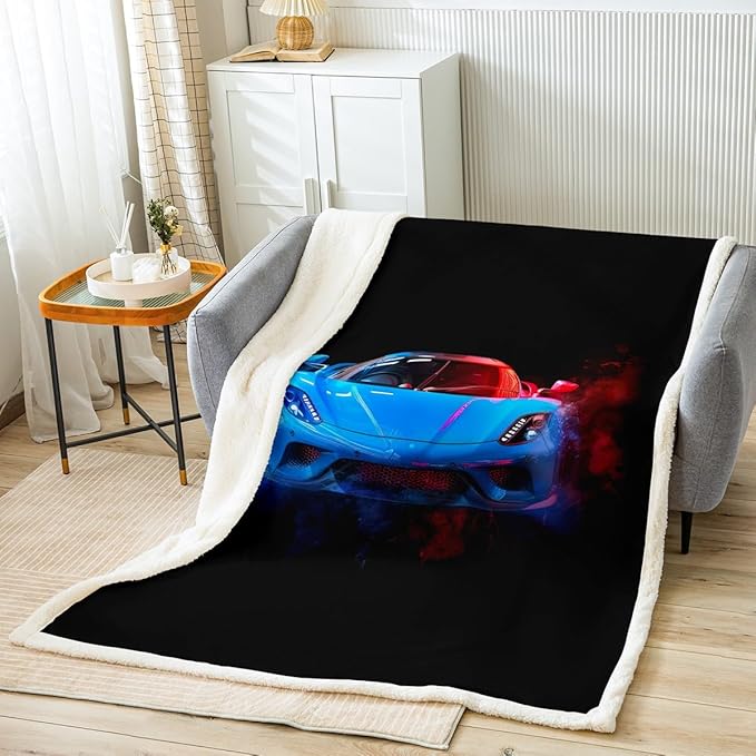 Race Car Fleece Throw Blanket for Bed Sofa Couch Boys Men Speed Sports Car Sherpa Blanket Decorative Extreme Sports Theme Plush Blanket Soft Blue Automobile Fuzzy BlanketQueen 90"x90"