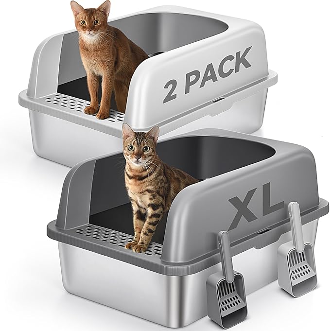 2 Pack Stainless Steel Cat Litter Box with Lid, XL Extra Large Metal Kitty Litter Box for Big Cats, 24" L x 16" W x 12" H, Enclosed Litter Box High Sided, Non-Sticky, Include Litter Scoop