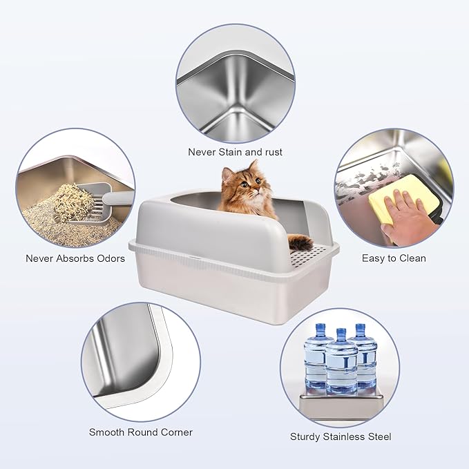 2 Pack Stainless Steel Cat Litter Box with Lid, 24" L x 16" W x 11.8" H, Extra Large Litter Box for Big Cats with High Sided, Anti-Urine Leakage, Easy Cleaning, Include Cat Mat and Scoop