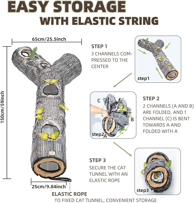 Cat Tunnels for Indoor, Large 3 Way Cat Tube Self Play, Cat Play Tunnel Toy for Indoor Exercise, Collapsible Interactive Peephole Pet Tunnel for Cat Kitty Kitten Puppy Rabbit L 59"