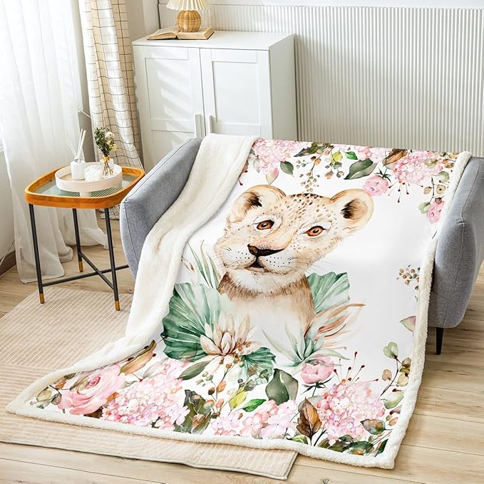 Erosebridal Cartoon Lion Fleece Twin Size Kids Blanket, Pink Floral Sherpa Blanket with Lion Print, Safari Animal & Tropical Plants Theme