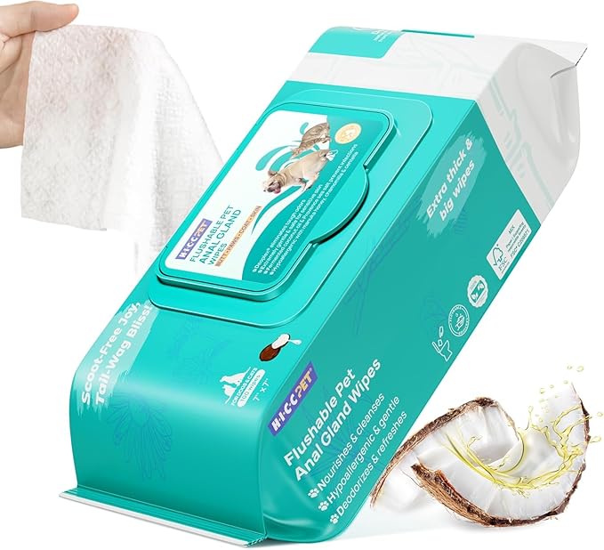HICC PET Wipes for Dogs & Cats, Cleansing Deodorizing & Soothing Allergy Infections Anal Gland Pets Wipes with Coconut Oil - Dog Grooming Wipes for Butt and Paw - Hypoallergenic & Vet Recommended