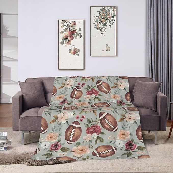 Football Blanket Football Flower Throw Blanket Football Decor Stuff Merch Cozy Print Flannel Fleece Soft Plush Fuzzy Warm Lightweight Bedding Gifts for Women Men Girls Kids Teenager 50"X40"