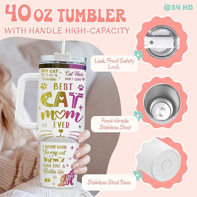 34HD Funny Engraved Cat Mom Tumbler with Handle and Straw 40oz, Paw Mom Cup Insulation, Birthday Mothers Day Gifts for Cat Lovers Women Auntie Friends