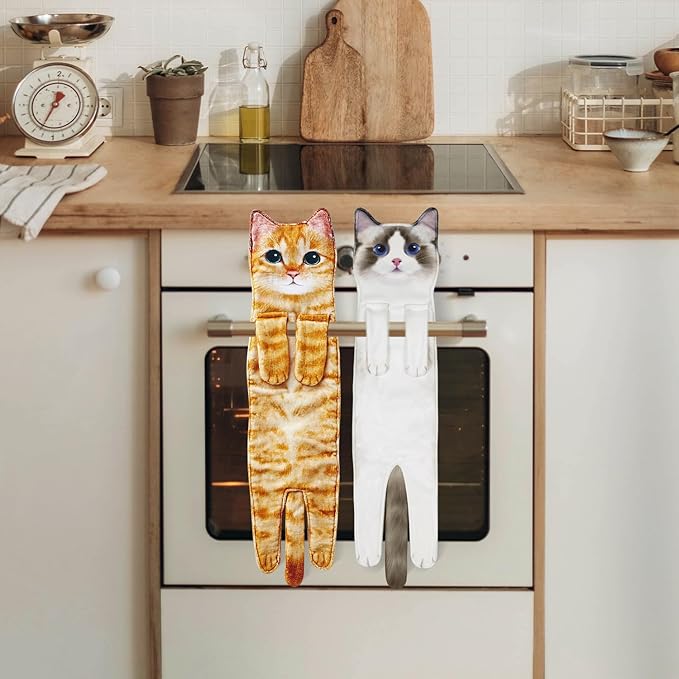 Cat Funny Hand Towels for Bathroom Kitchen- Cute Decorative Kitten Decor Hanging Face Towels- Unique Housewarming Valentines Mothers Birthday Gifts for Women Mom Cat Lovers