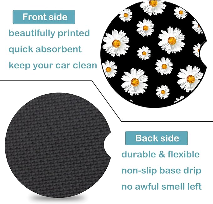 Car Coasters for Cup Holders,2 Pack White Daisy Car Cup Holder Coasters,2.75" Universal Size Anti Slip Rubber Mat,Automotive Cup Holder Decal Decor Accessories,Daisy Gifts for Women,Men,Mom