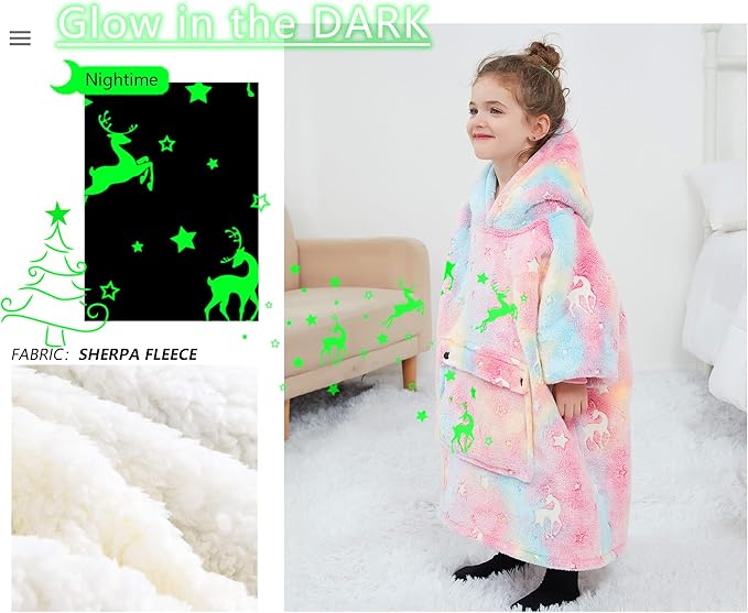 Glow in The Dark Wearable Blanket Hoodie for Kids Toddlers Sherpa Blanket Sweatshirt with Pocket 2-6 Year Old Girl Birthday Gifts