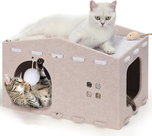 Cat House for Indoor Cat, Cozy Cat Bed Scratch Resistant Peekaboo Cat Cave Foldable Cat Tunnel for Multiple Large Cats Up to 33 Lbs Felt Cat Hideaway for Kitty with Fluffy Ball and Catnip Toy, Camel