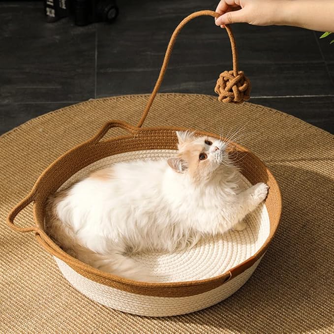 Handwoven Cotton Rope Cat Bed Cat Hammock Foldable Sleeping Nest Basket Handmade Natural Cradle Scratcher Cuddler for Kitten Cute Style with a Playing Rope Ball Large Brown