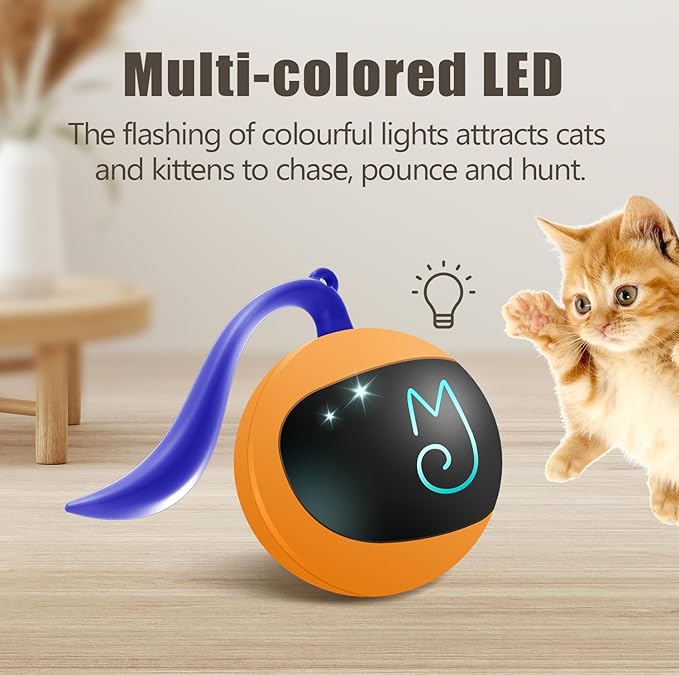 Migipaws Interactive Cat Ball Toy Set, Fun Tracker, Automatic Rolling Chase Ball with Fluffy Tail, A Small Mice, Rechargeable（Orange）