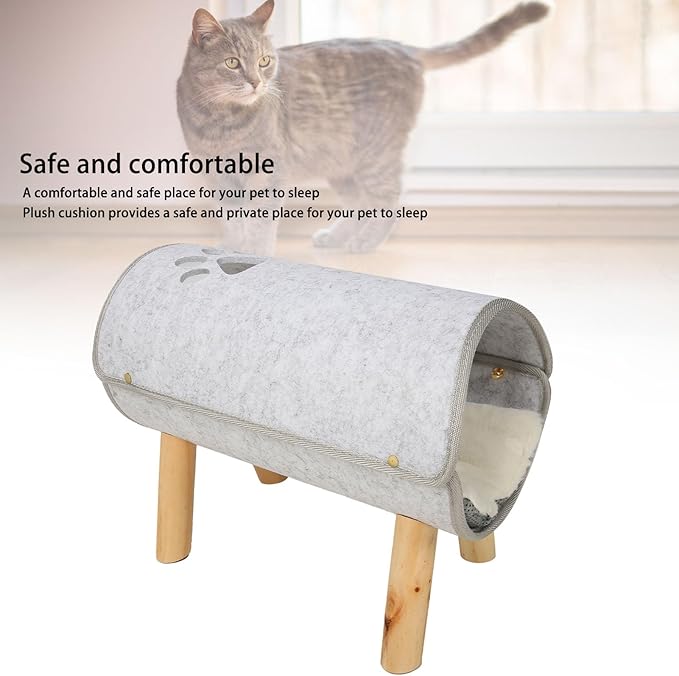 Cat Tunnel Bed tunnel chat bois Soft Com fortable Elevated Cat Tunnel Bed with Plush Cushion with Wooden Legs Pet Felt Tunnel Bed with Wooden Legs for Cat and Tunnels