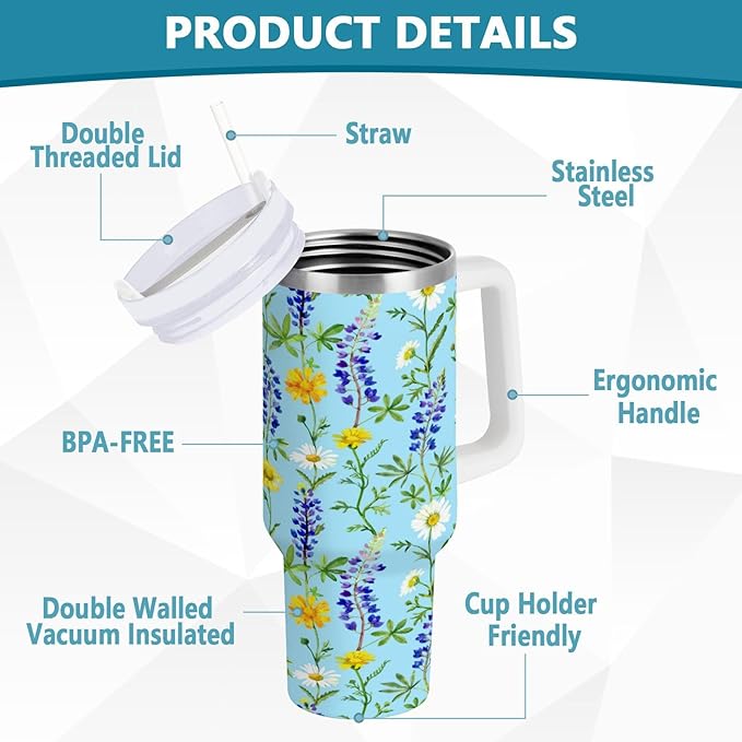 Boccsty Bluebonnet Chamomile Floral Insulated Tumblers Reusable Stainless Steel Tumbler 40 oz Cup Coffee Travel Mug Water Bottle with Handle & Flip Straw for Home Office Car