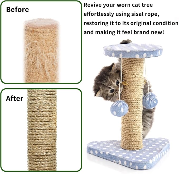 Natural Sisal Rope 1/4 Inch by 49-Feet for Cat Scratching Post Tree Tower Replacement Repair and Replace, DIY Hemp Twine Rope for Kittens Shelves Furniture Window Bed Perch Climbing, 6mm by 15m