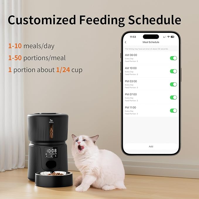 Petory Automatic Cat Feeder - 2.4G WiFi 10 Meals Automatic Cat Food Dispenser with Slow Feeding for Cats and Small Dogs, Dual Power Supply Including Desiccant Bag