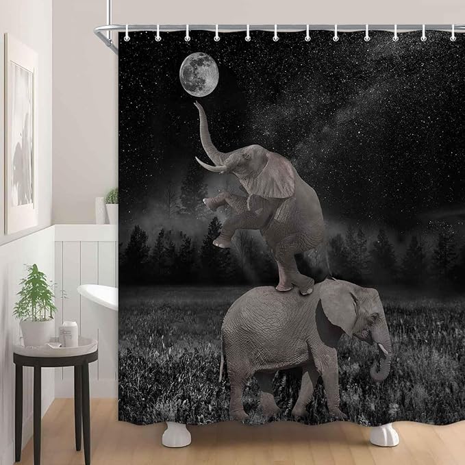 Boziqr Funny Shower Curtains for Bathroom, Cute Elephant Moon Forest Bath Curtain, Rustic Farmhouse Decor Polyester Fabric Fun Cool Animals Black 70 x 84 Inches